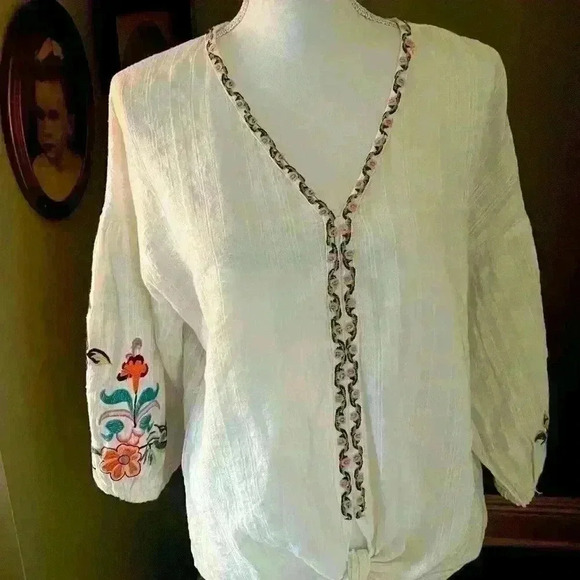 Max Studio blouse size Large. V neck white embroidered sleeves and neckline - Picture 5 of 15